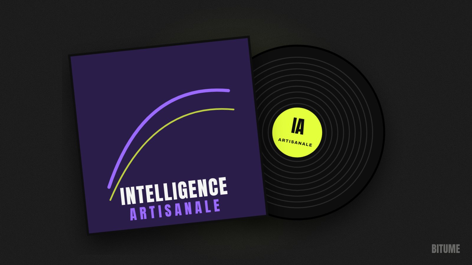 Illustration d'un vinyle « IA Artisanale » sortant de sa pochette violette