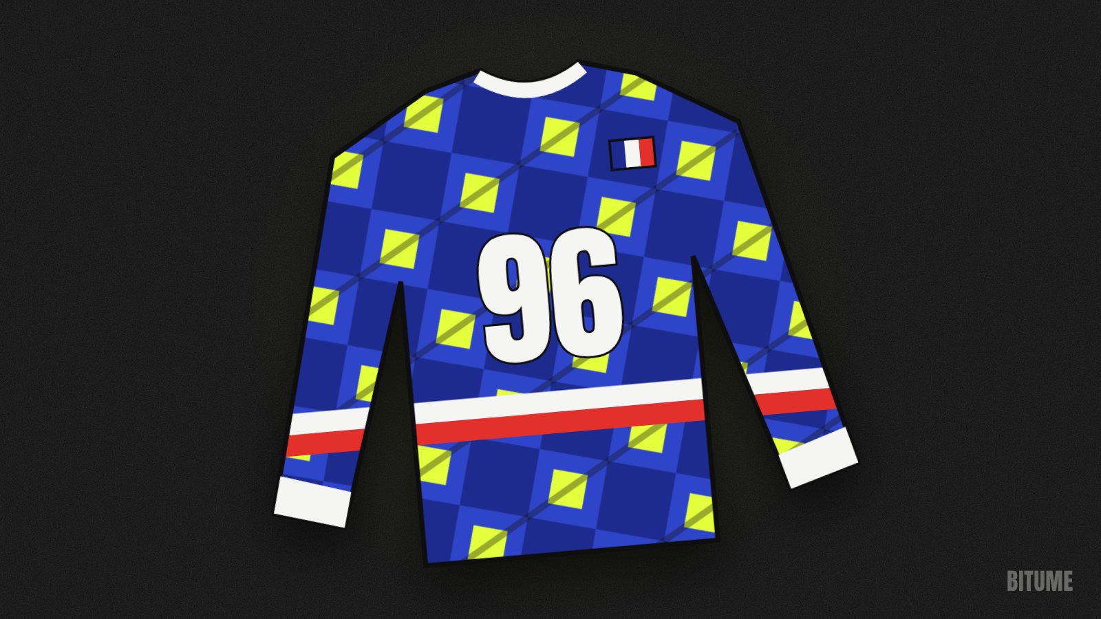 Illustration d'un maillot de gardien manches longues floqué 96, façon années 90