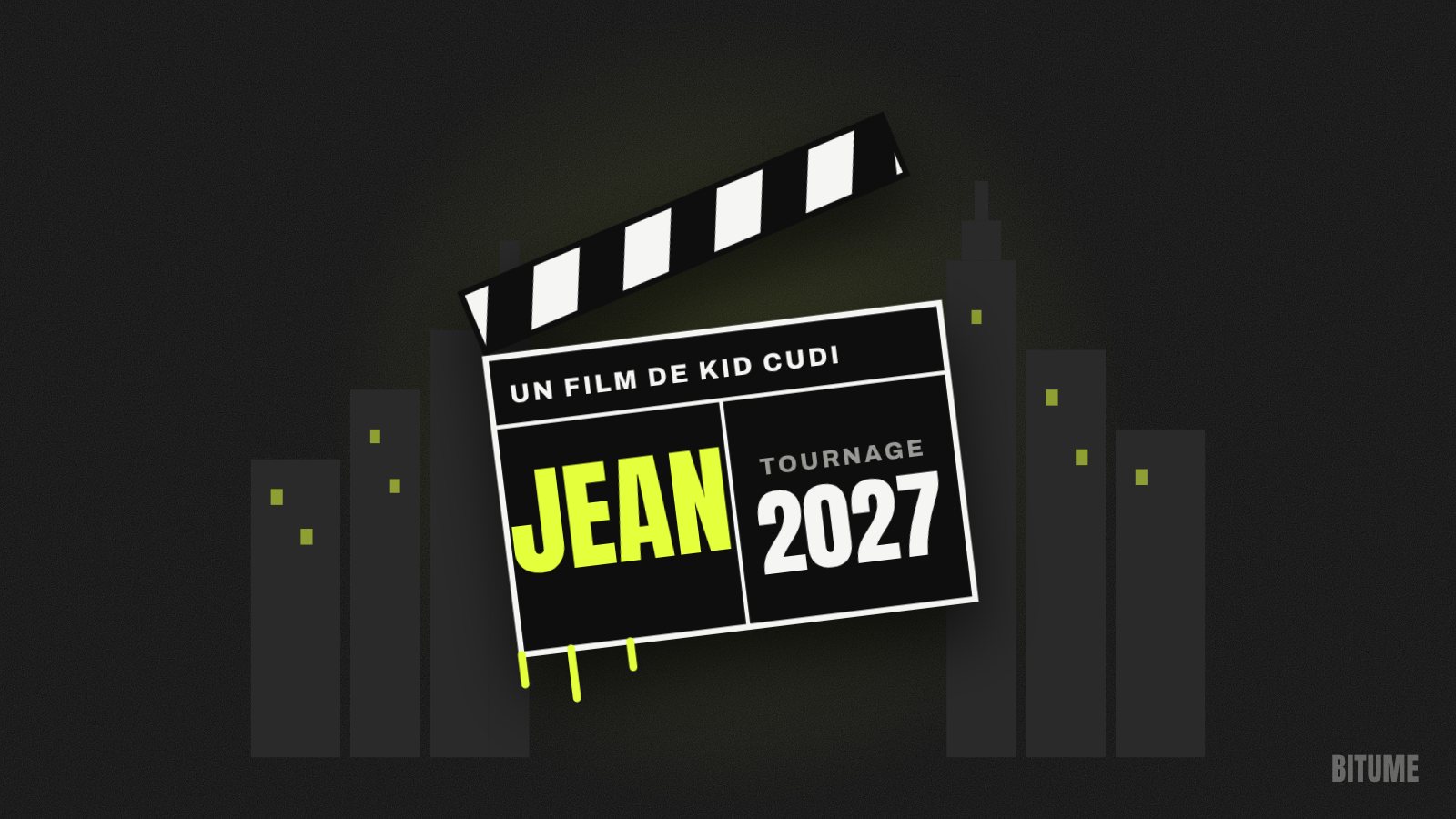 Illustration d'un clap de cinéma « Jean, tournage 2027 » devant une skyline new-yorkaise