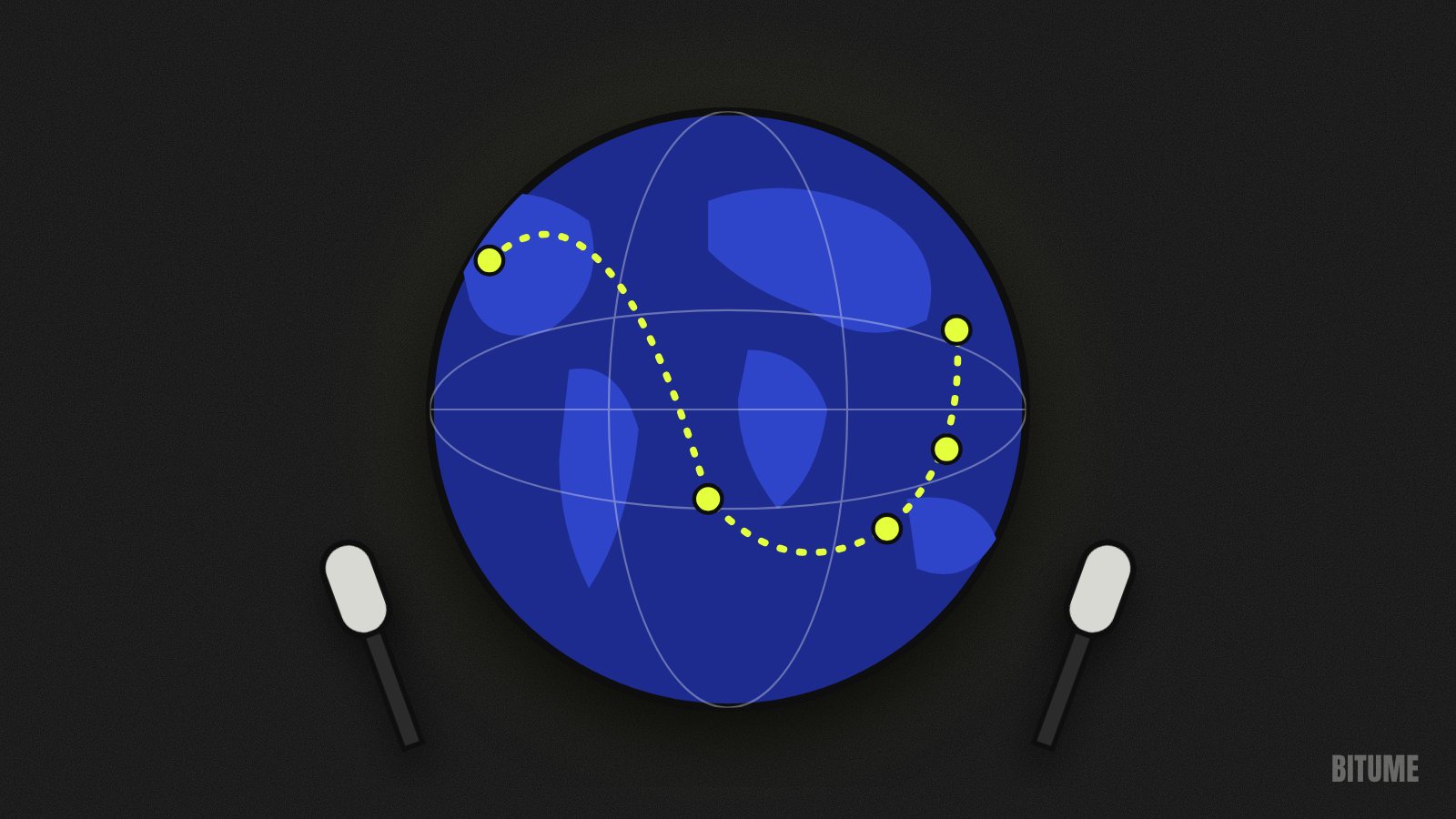 Illustration d'un globe avec le trajet d'une tournée et deux micros