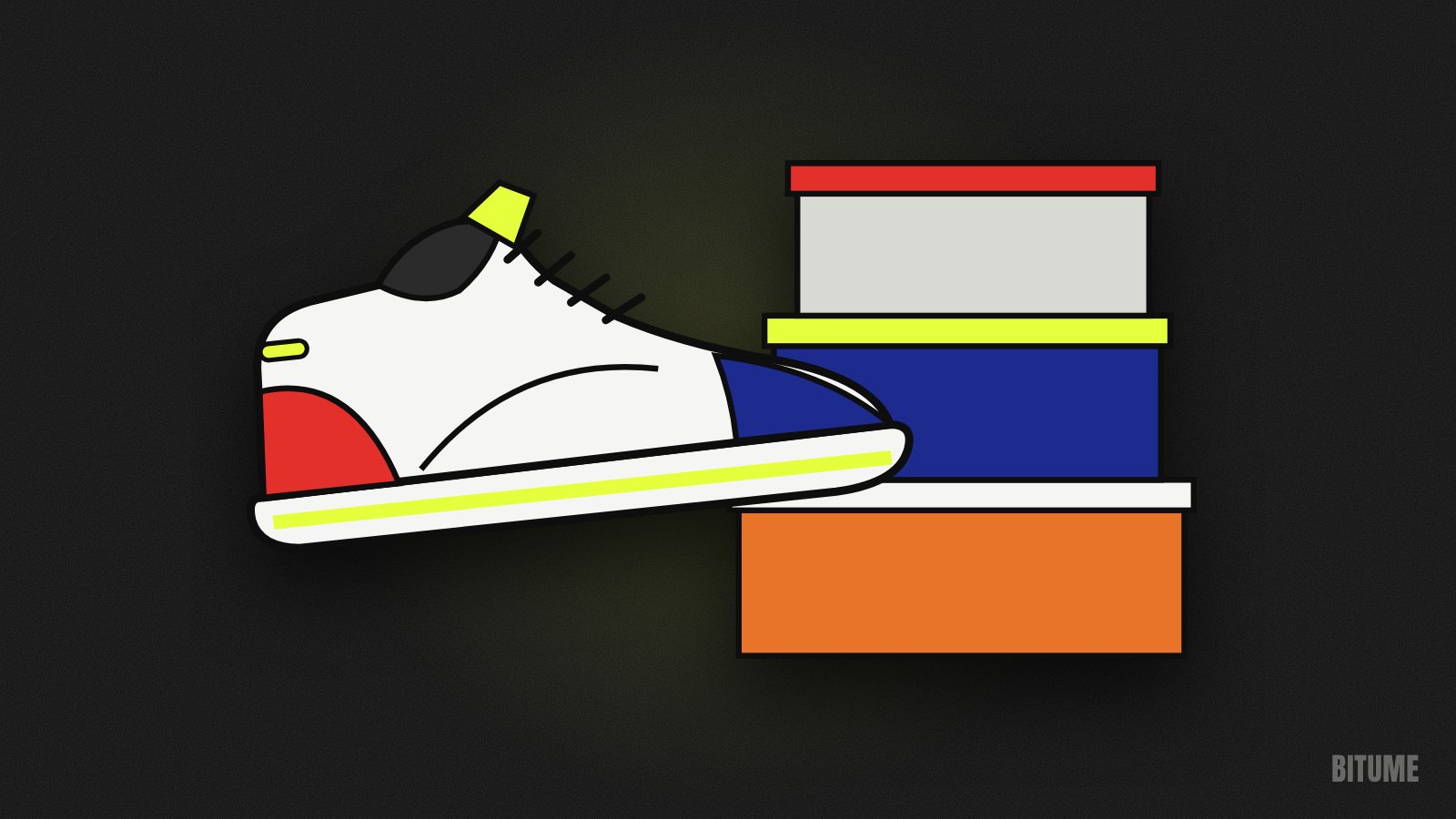 Illustration d'une sneaker posée devant une pile de boîtes à chaussures