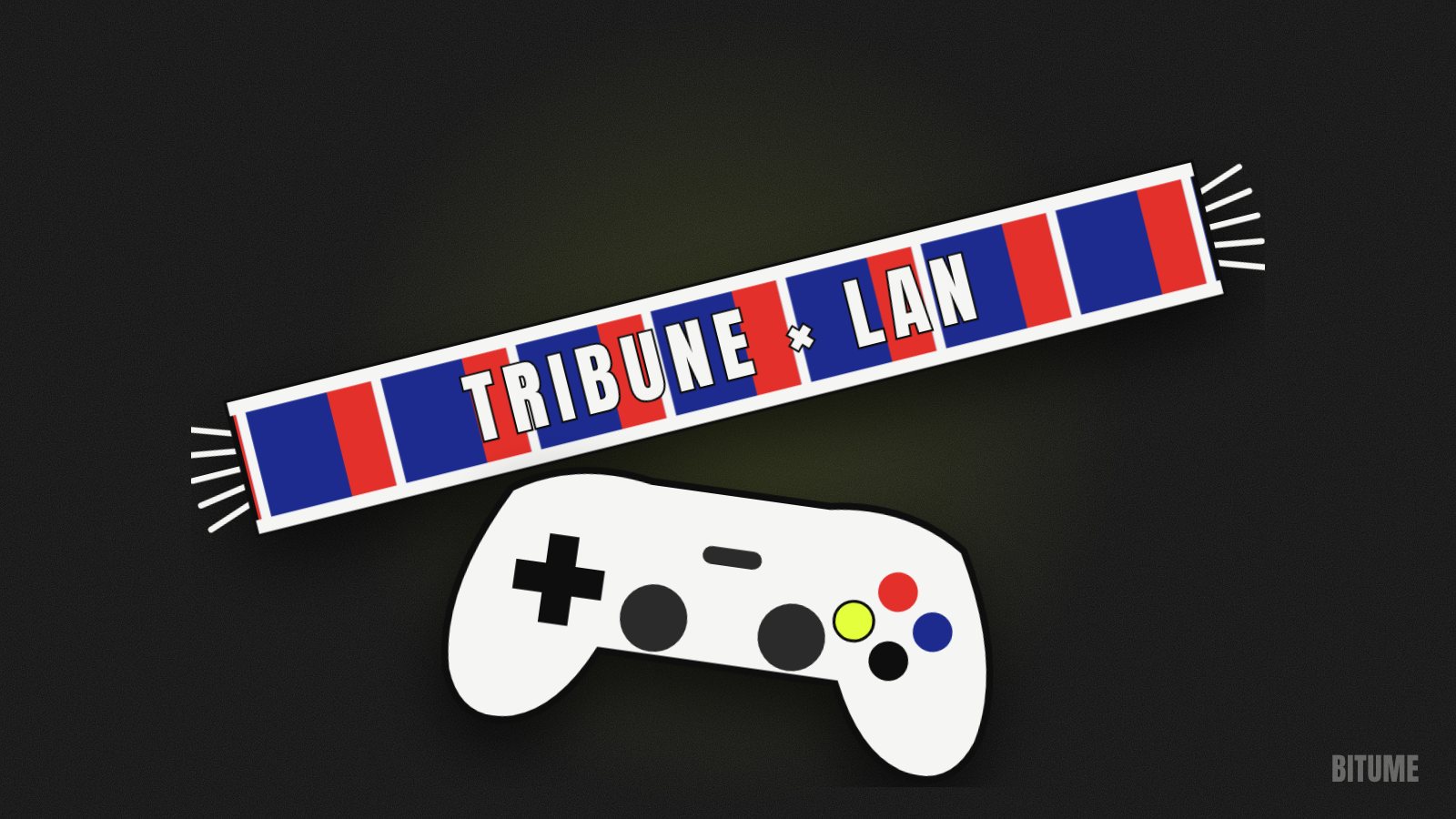 Illustration d'une écharpe de supporter « Tribune × LAN » et d'une manette de jeu