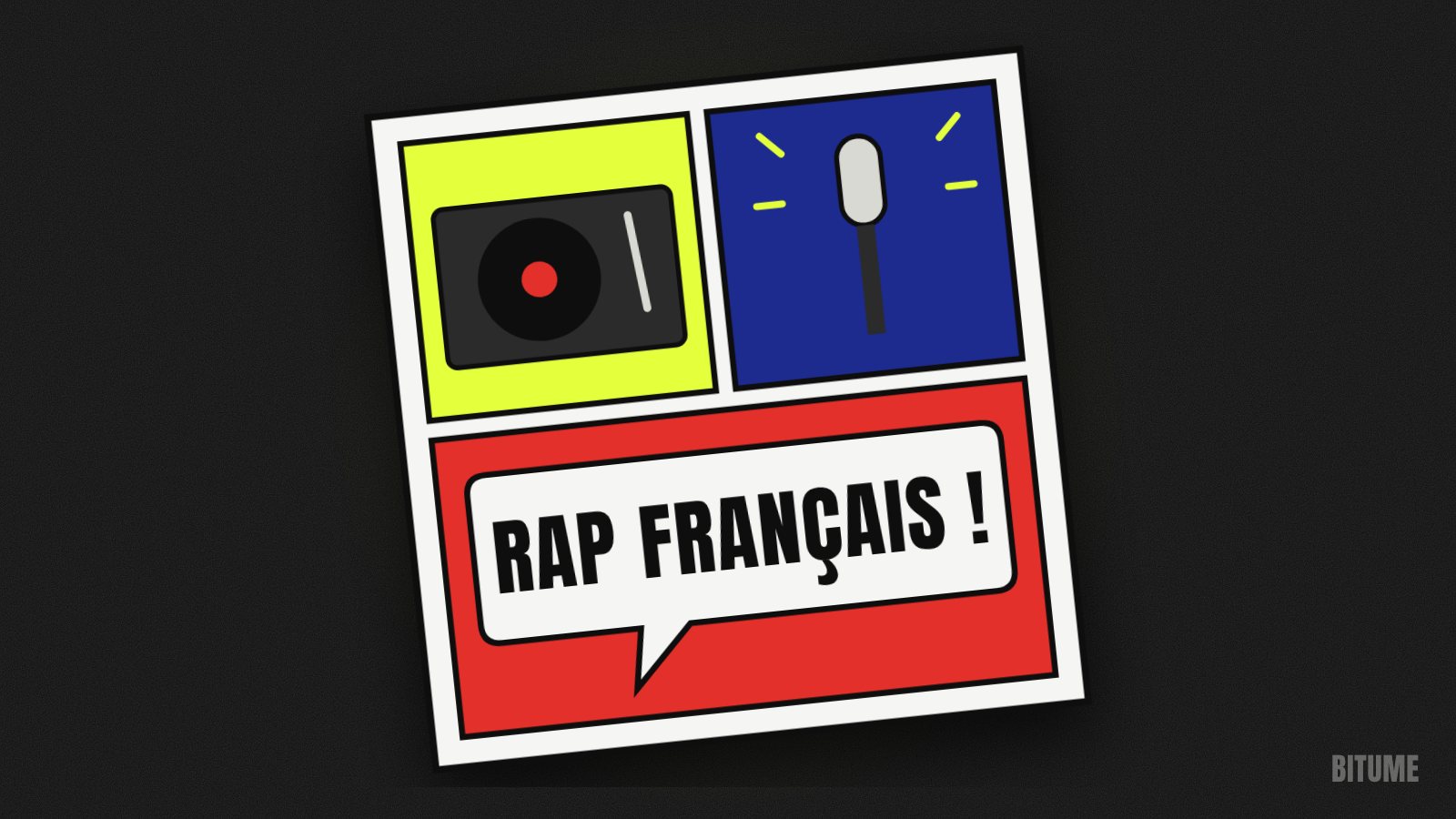 Illustration d'une planche de BD avec platine, micro et bulle « Rap français ! »