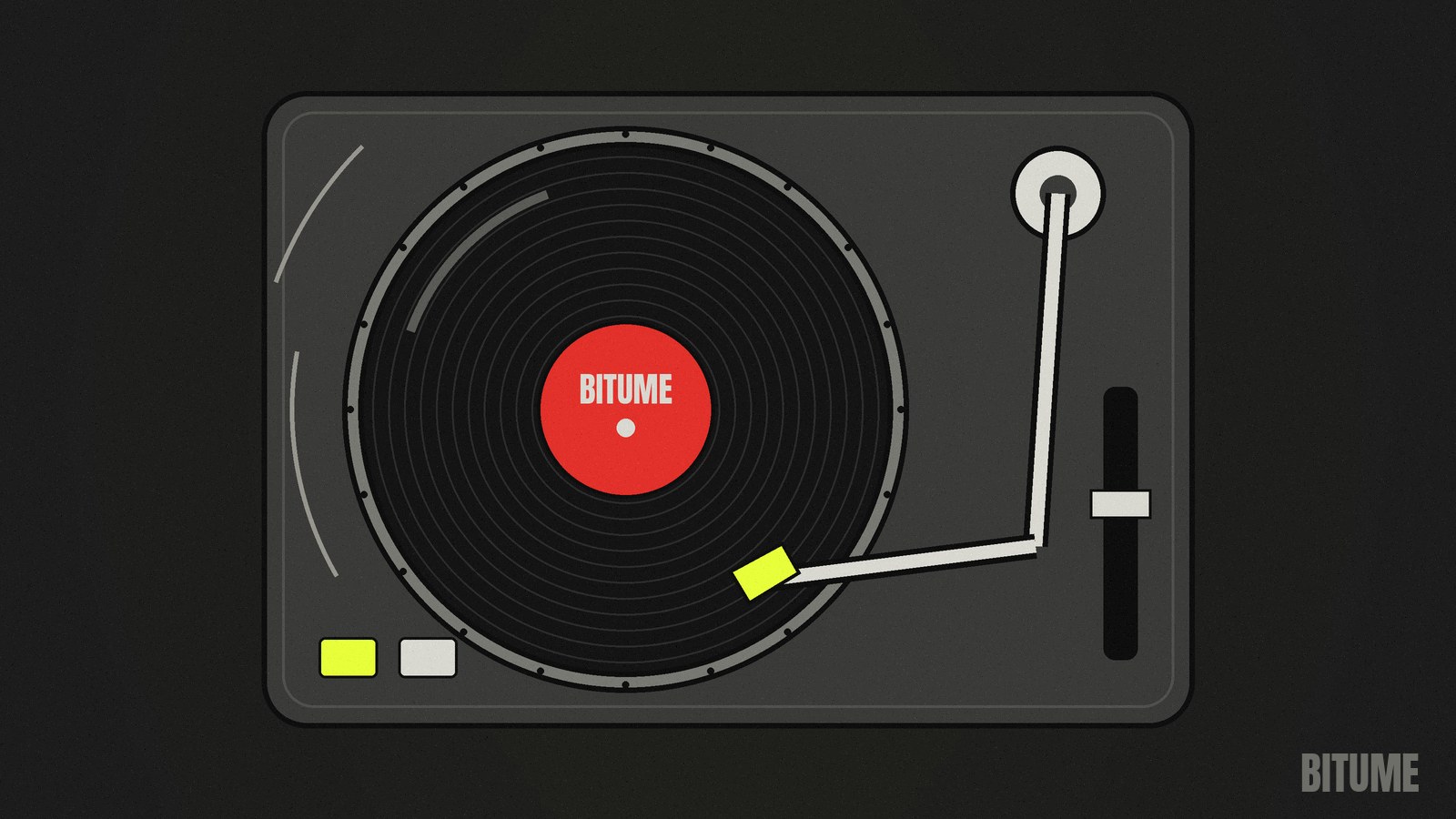 Illustration d'une platine vinyle vue de dessus, avec un disque à étiquette rouge