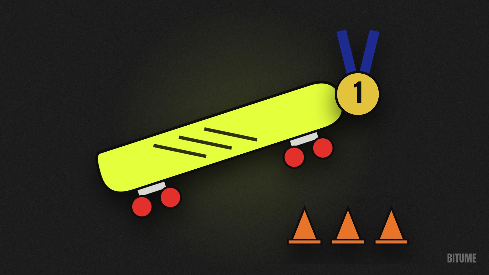 Illustration d'une planche de skate, de plots de slalom et d'une médaille d'or
