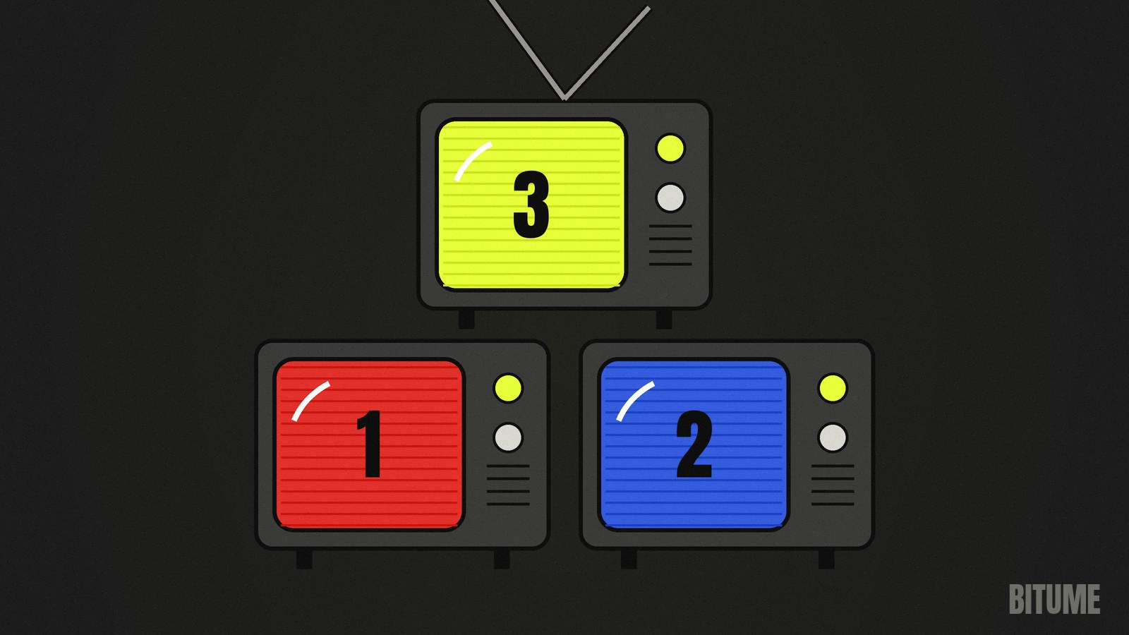 Illustration de trois télévisions empilées aux écrans rouge, bleu et jaune, numérotées 1, 2 et 3