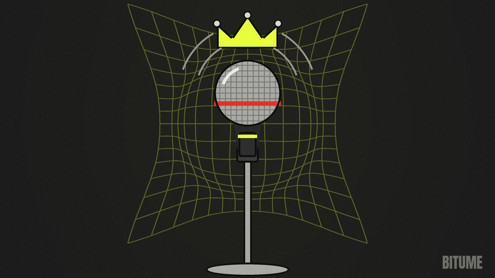 Illustration d'un micro sur pied surmonté d'une couronne, devant une grille déformée