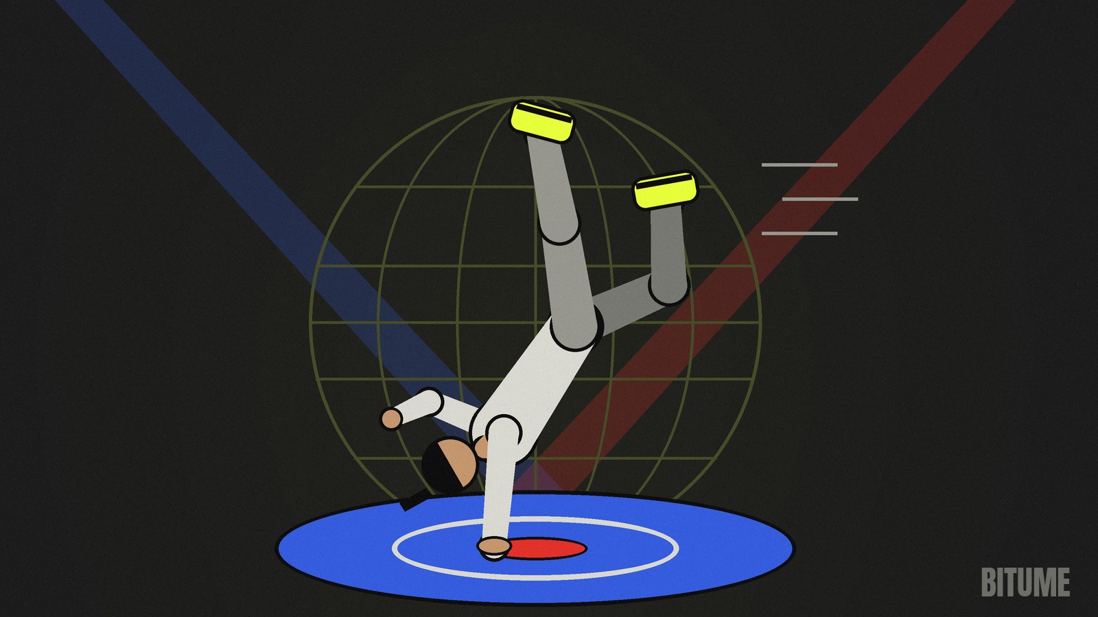 Illustration d'un breaker en freeze sur un cercle bleu, devant un globe et des faisceaux bleu et rouge