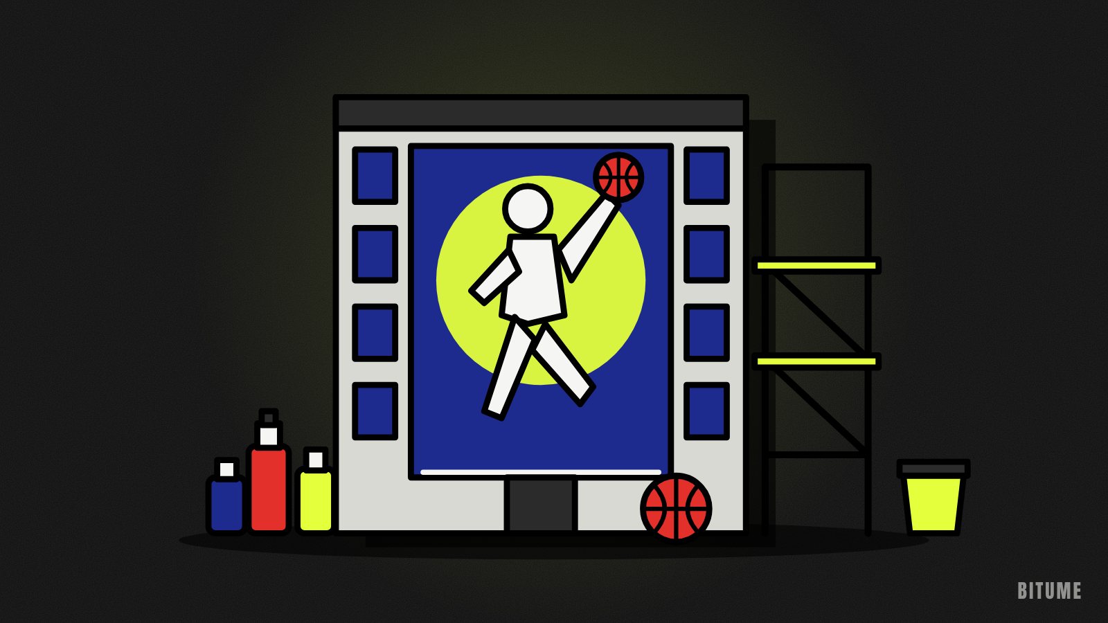 Illustration d'un immeuble couvert d'une immense fresque de joueuse de basket, avec pots de peinture et ballon au pied du mur