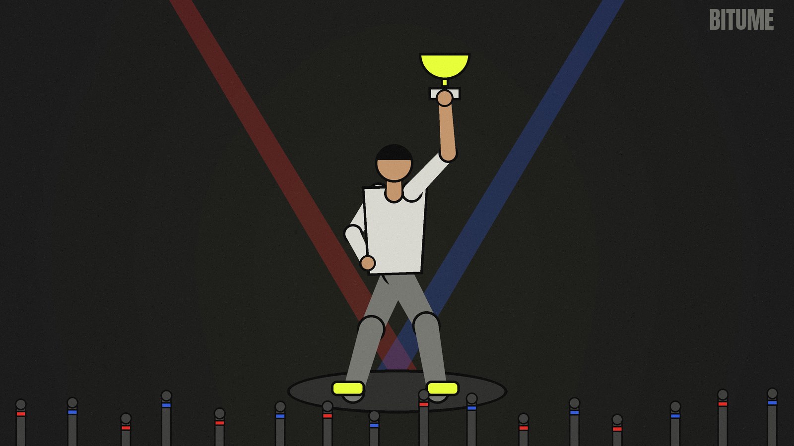 Illustration d'un danseur levant un trophée sous des faisceaux rouge et bleu, devant un public aux bras levés