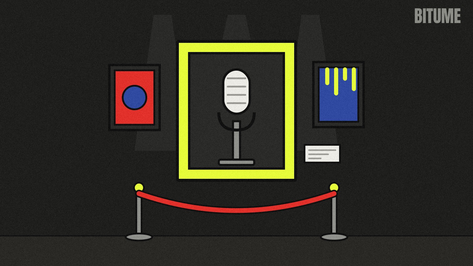 Illustration d'un micro exposé dans un grand cadre jaune, entre deux tableaux, derrière un cordon de musée rouge