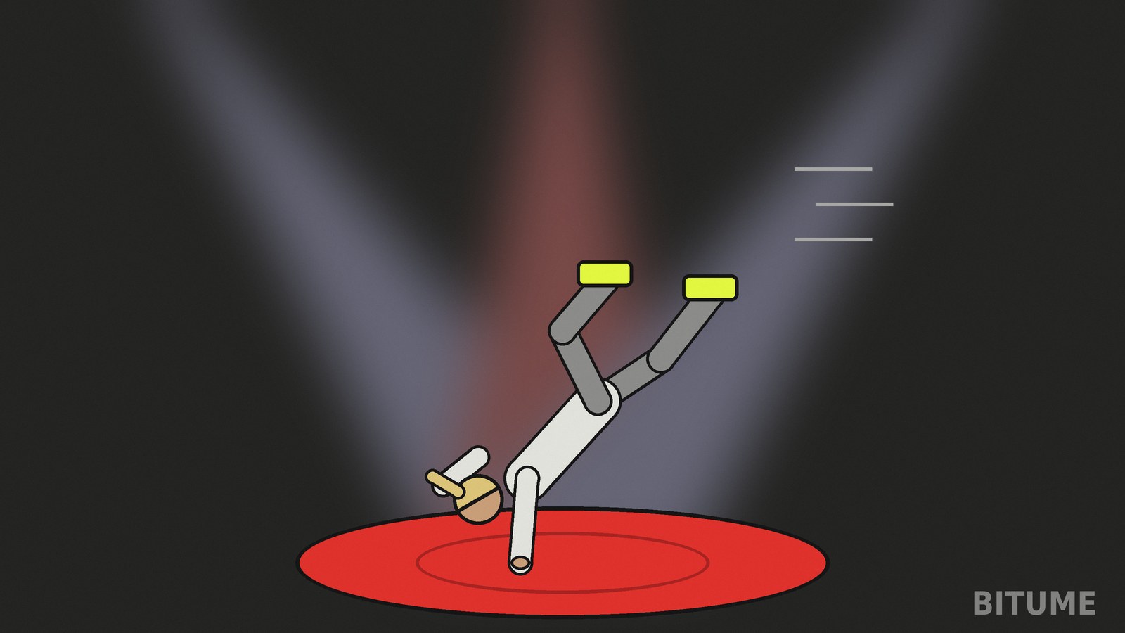 Illustration d'une b-girl en freeze sur une piste rouge, sous des projecteurs