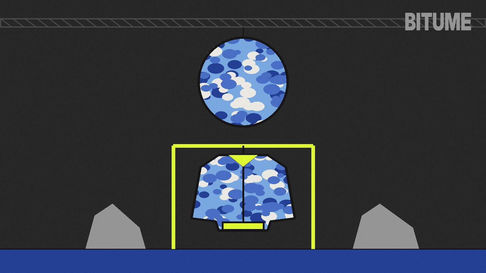 Illustration d'un coupe-vent à motif camouflage bleu suspendu sous une boule lumineuse, dans un magasin