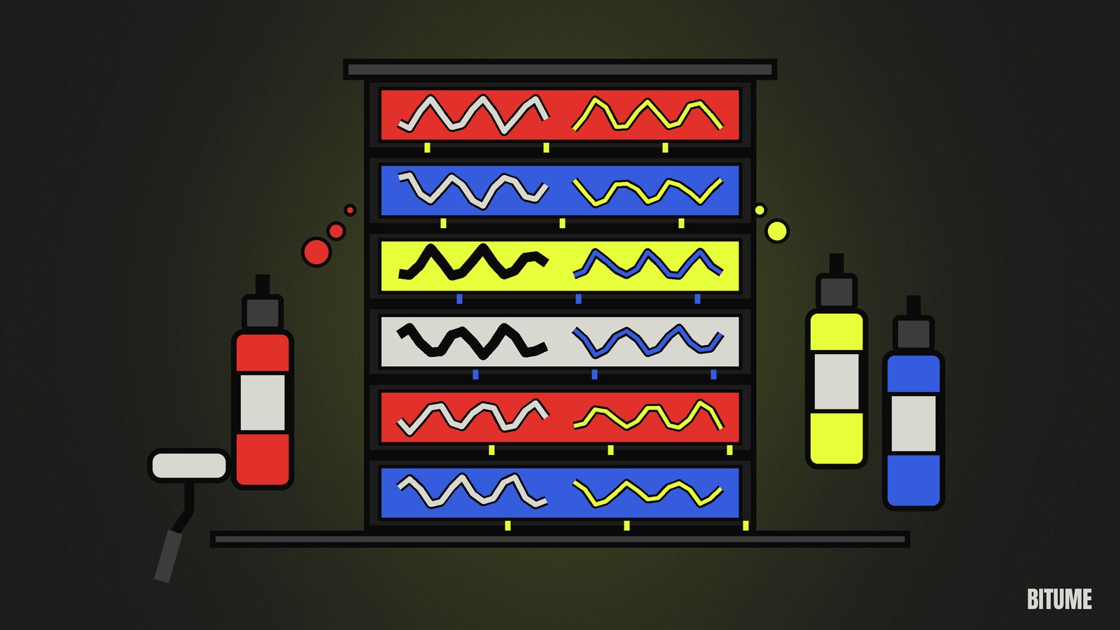 Illustration d'un immeuble de six étages en coupe, chaque niveau peint d'une couleur différente, avec des bombes de peinture, un rouleau et des coulures sur la façade
