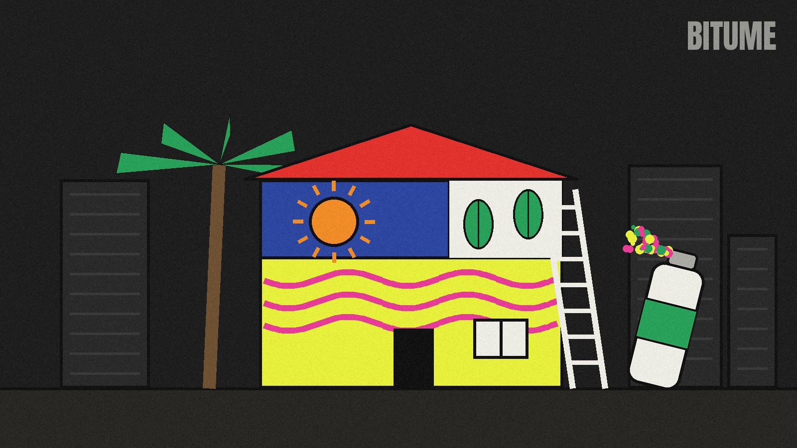 Illustration d'une maison basse peinte de motifs colorés, soleil et feuilles tropicales, avec un palmier, une échelle et une bombe de peinture