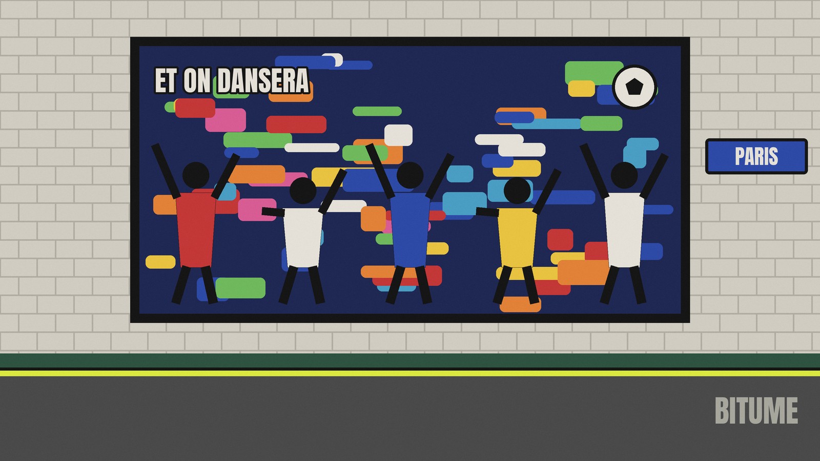 Illustration d'une grande affiche peinte de silhouettes qui dansent, sur un mur carrelé de station de métro