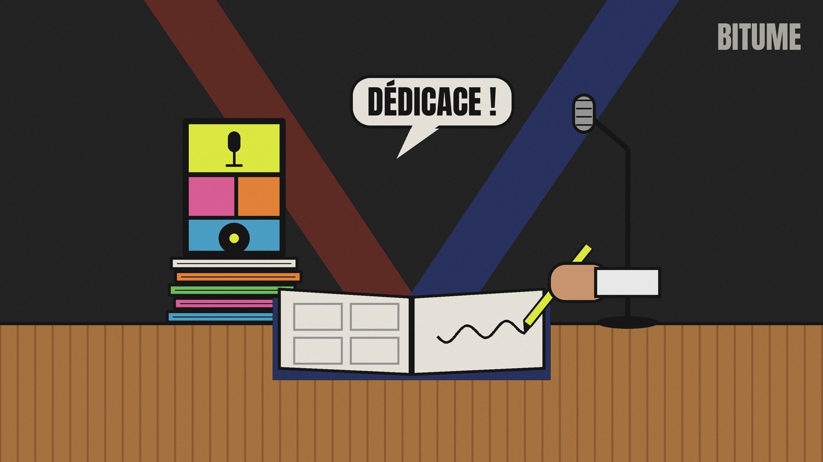 Illustration d'une table de dédicace avec une pile de BD, un livre ouvert signé au stylo et un micro
