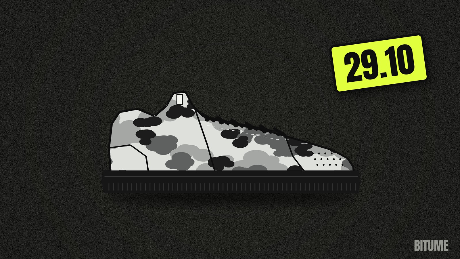 Illustration d'une basket basse à motif camouflage gris et blanc sur semelle noire, avec une étiquette « 29.10 »