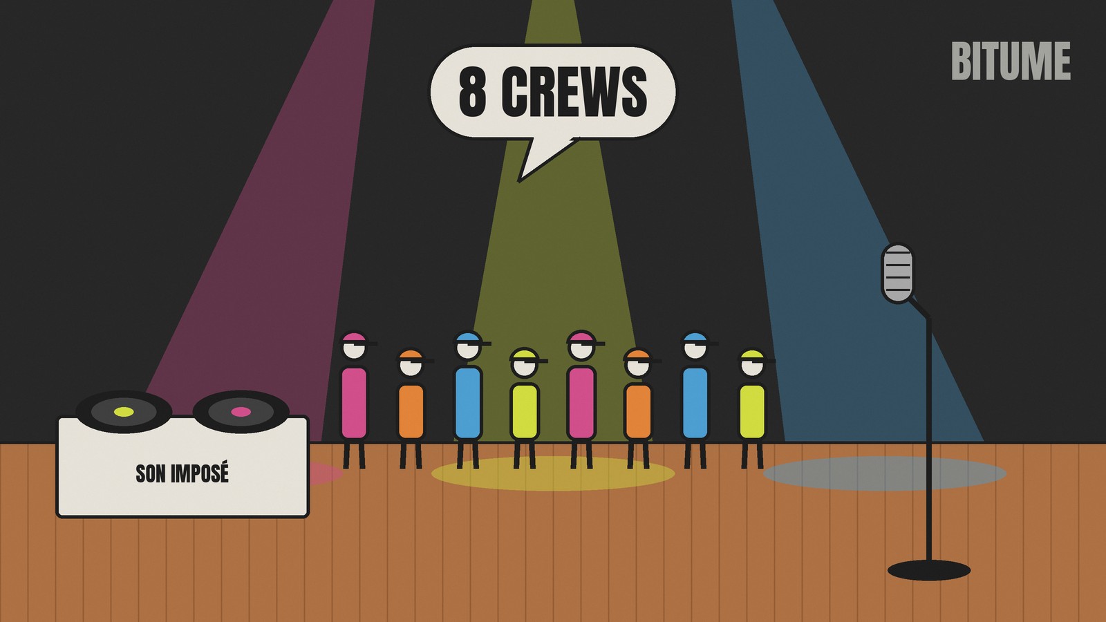 Illustration d'une scène éclairée par des projecteurs, avec deux platines, un micro et le chiffre 8
