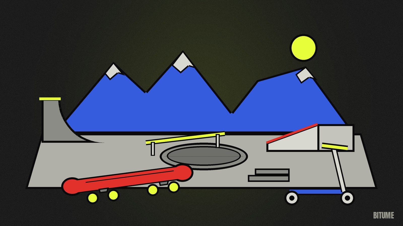 Illustration d'un skatepark en béton avec un petit bowl, une rampe et un rail, une planche de skate et une trottinette posées au premier plan, avec des montagnes en arrière-plan