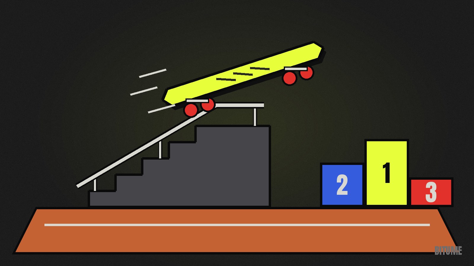 Illustration d'une planche de skate au-dessus d'une rampe d'escalier, sur un sol de terre battue, à côté d'un podium 1-2-3
