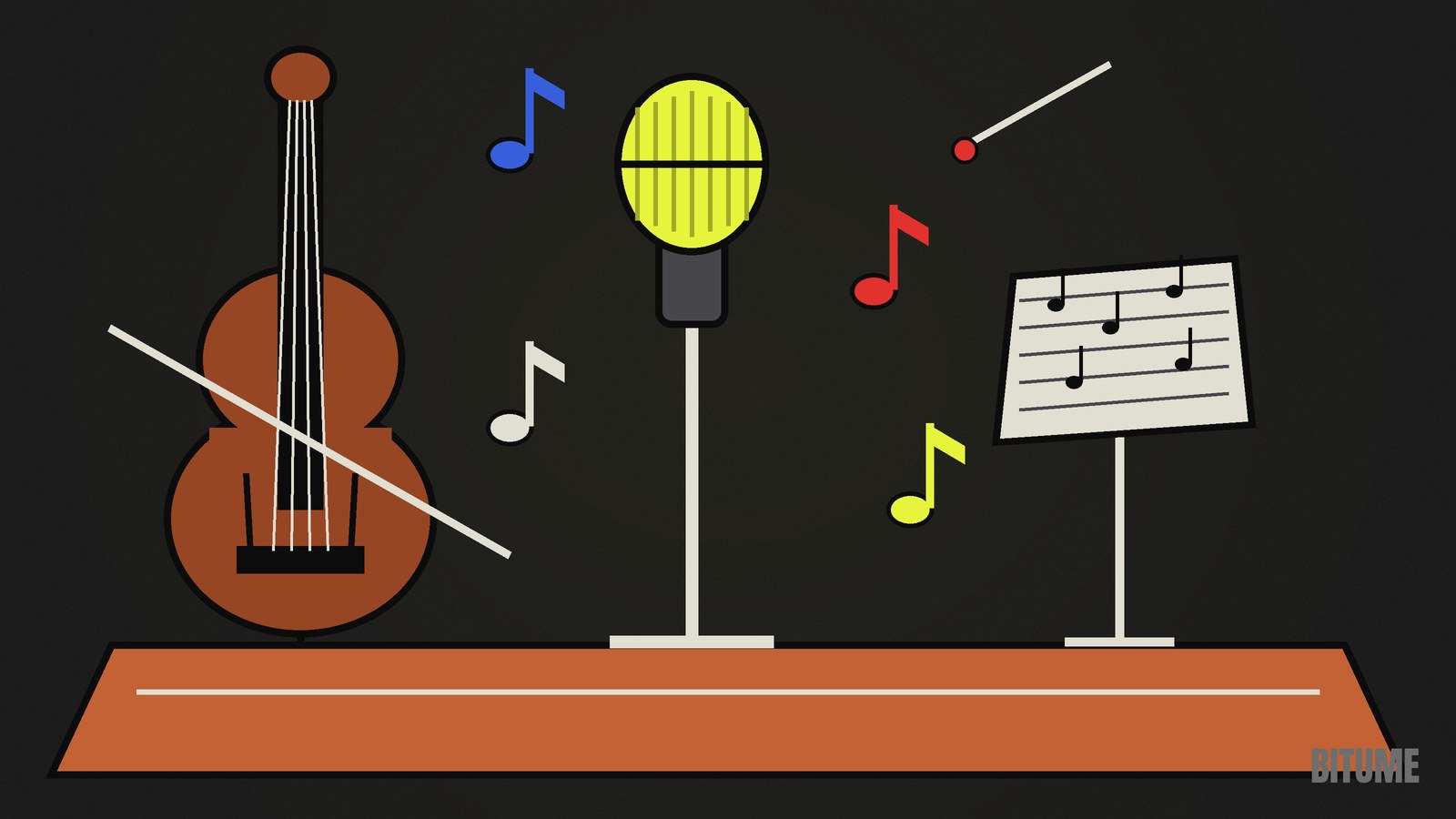 Illustration d'une scène avec un violoncelle, un micro sur pied, un pupitre et des notes de musique