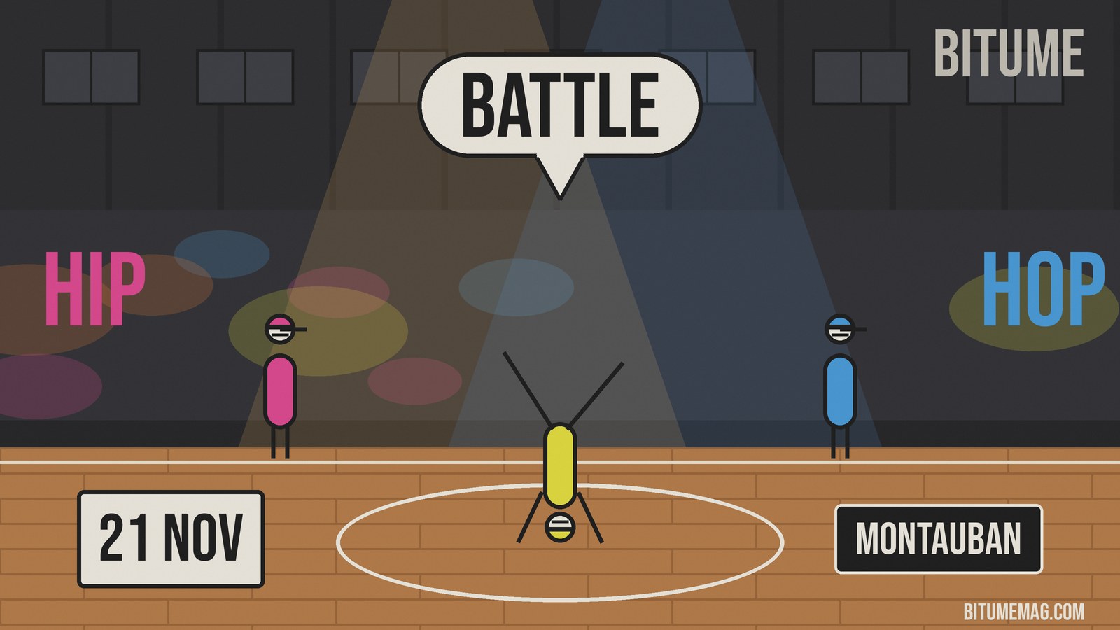 Illustration d'un breaker en freeze au centre d'un parquet de gymnase, sous une bulle « Battle »