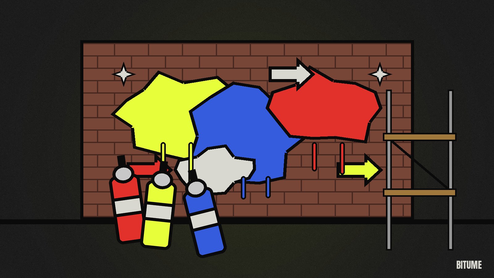 Illustration d'un mur de briques couvert de grandes formes colorées, avec des bombes de peinture et un échafaudage au premier plan