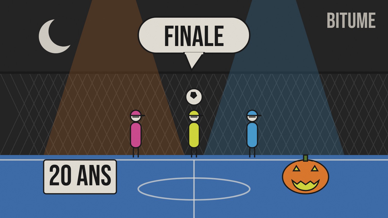 Illustration d'un city stade de nuit avec un ballon, une citrouille d'Halloween et le chiffre 20