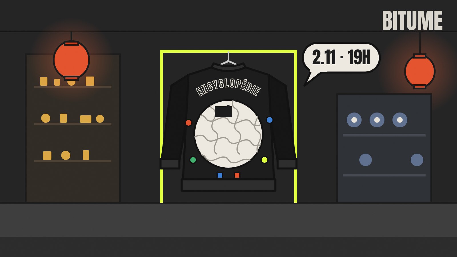 Illustration d'une veste noire vue de dos, brodée d'un globe en puzzle, suspendue dans une rue de nuit, avec une bulle « 2.11 · 19H »