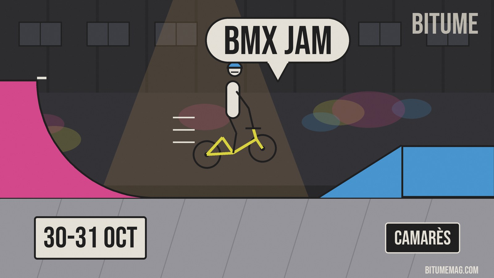 Illustration d'un rider BMX en l'air entre un quarter pipe rose et un plan incliné bleu, sous une bulle « BMX Jam »