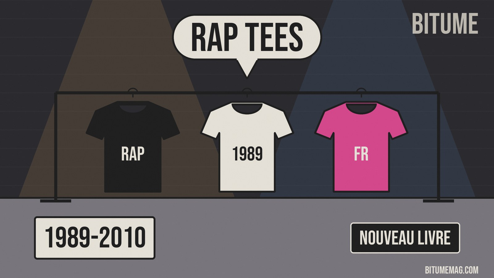 Illustration de trois t-shirts suspendus à un portant, sous une bulle « Rap tees »