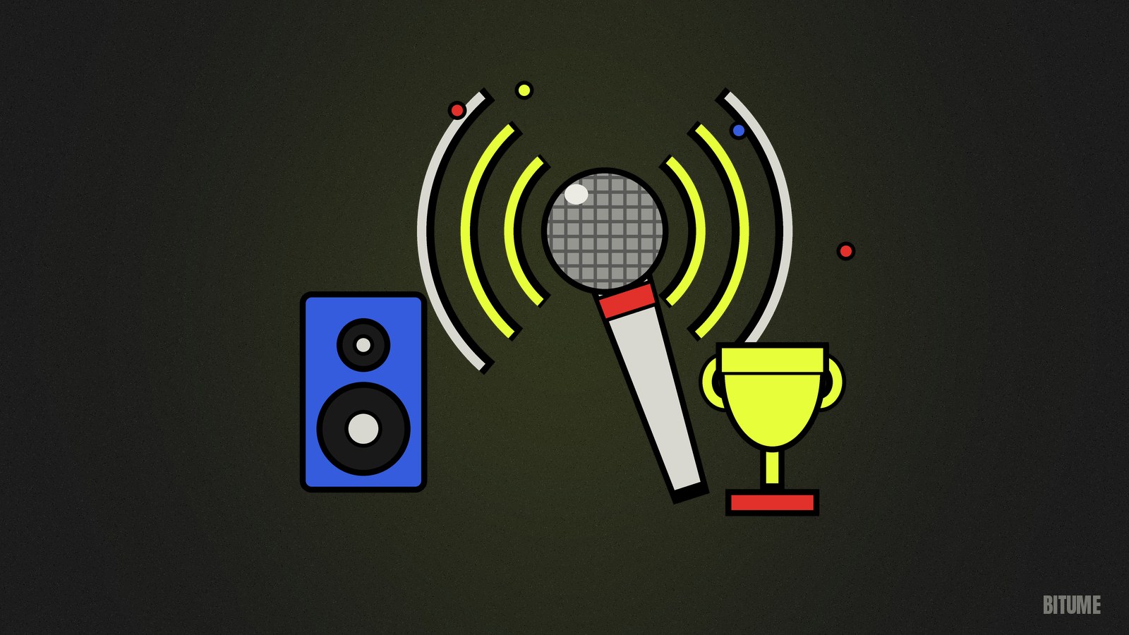 Illustration d'un micro à main d'où partent des ondes sonores jaunes, à côté d'une coupe et d'une enceinte