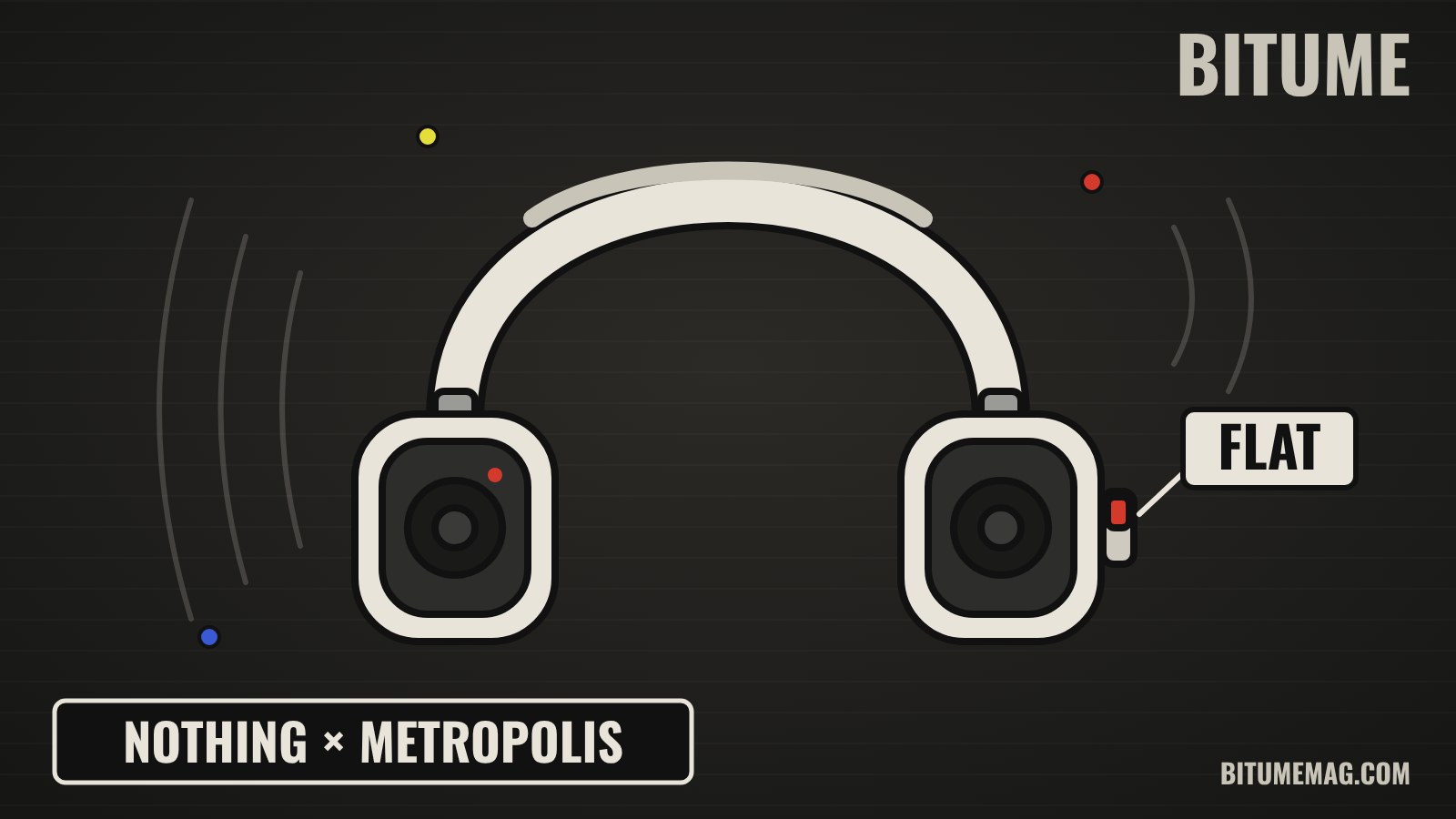 Illustration d'un casque audio blanc sur fond sombre, avec un interrupteur FLAT