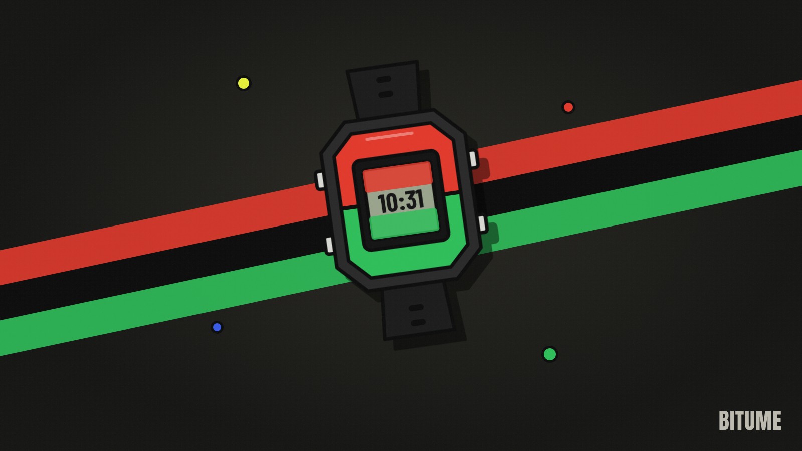 Illustration d'une montre digitale carrée rouge, noire et verte sur fond sombre